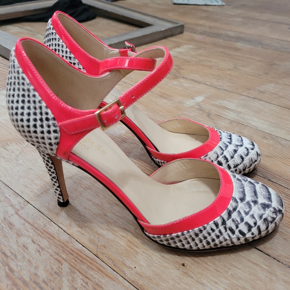 Kate Spade Snake Print Heels Pink Trim Ankle Strap Pumps Size 6B